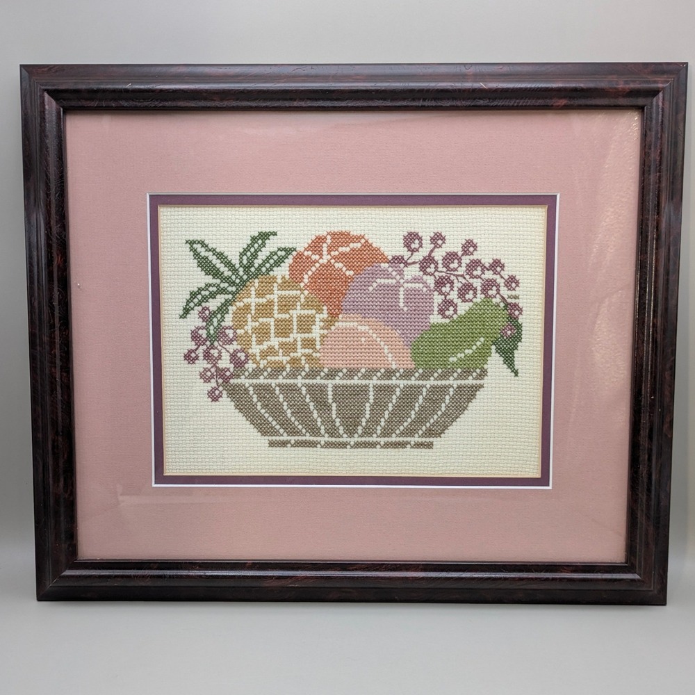 Vintage Handmade Fruit Bowl Cross Stitch Framed Wall Art Kitchen Decor 15x12